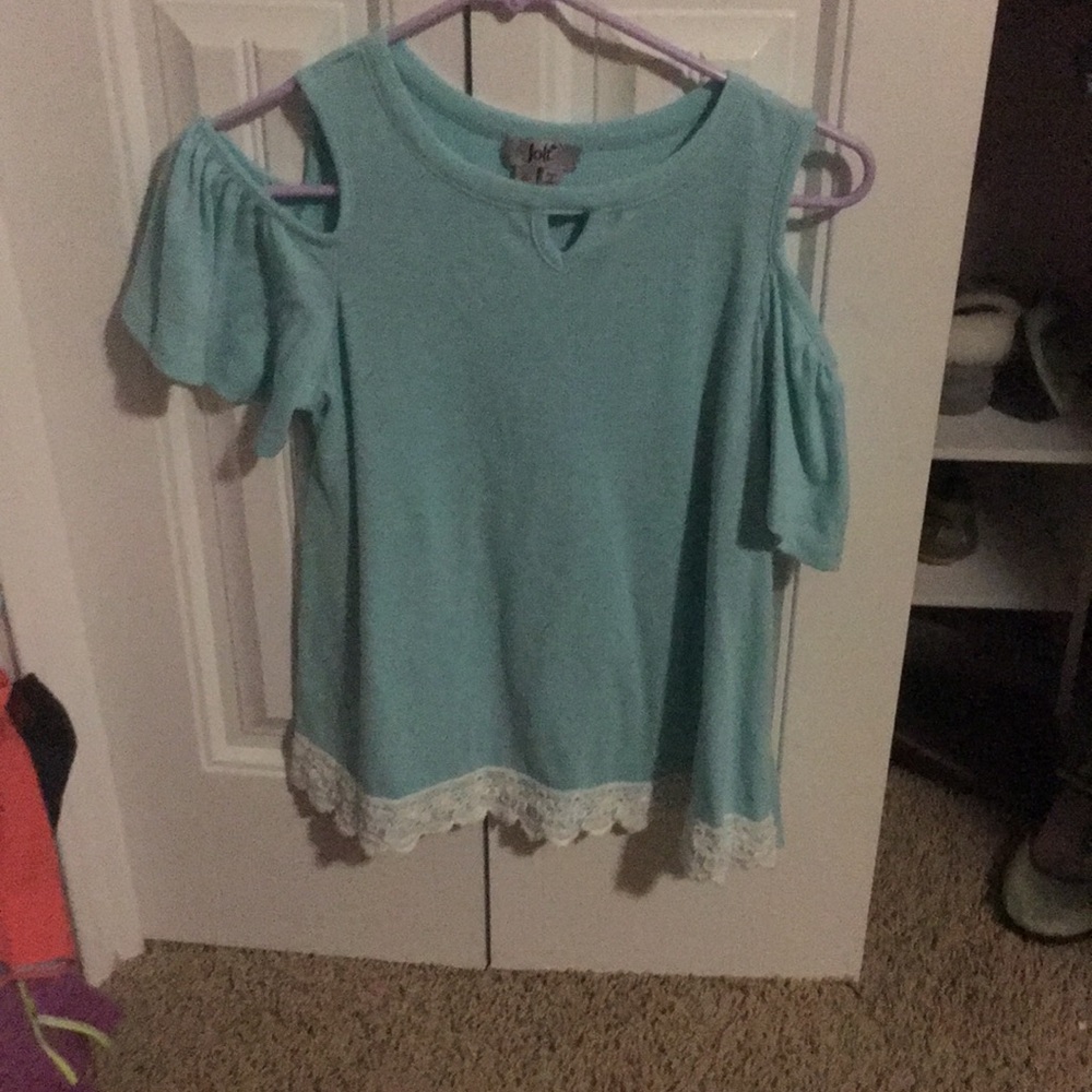 Blue jolt open shoulder top